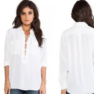 Equipment cross-tie front blouse in cream.
